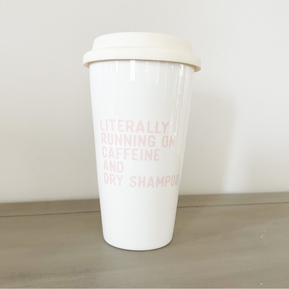 Literally Running on Caffeine Dry Shampoo White Pink Ceramic Coffee Travel Mug - Picture 1 of 7